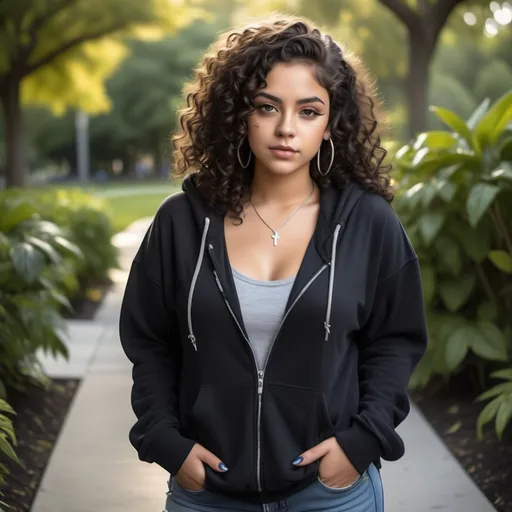 Prompt: (23 year old Latina woman), (black shoulder-length curly hair), (heavy silver jewelry), wearing an open black zipper hoodie over a low-cut t-shirt, blue jeans, and stylish boots,fullbody , standing with a confident pose, vibrant open park background with lush greenery and serene surroundings, dramatic natural lighting, showcasing bold facial features with heavy makeup, ultra-detailed, vibrant colors, capturing a youthful and energetic ambiance.