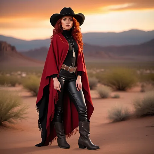 Prompt: mpt:
(23-year-old red-haired Latina cowgirl), standing confidently in long black and red poncho, black hat, gray pants, full body shot, vibrant desert background at sunset, warm golden and crimson tones illuminating the scene, dramatic shadows, ultra-detailed, capturing an adventurous and daring spirit, dynamic pose, rugged leather boots, striking facial features, showcasing both strength and beauty.