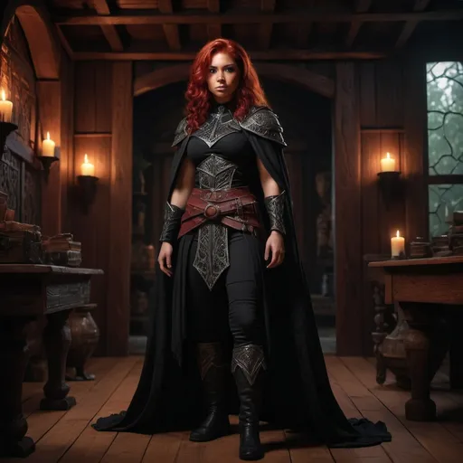 Prompt: (red-haired Latina in a black D&D ranger outfit), detailed features, outfit includes a long skirt, long loose pants, and a knee length cape, (no midriff), portraying confidence, posing in a dark wooden interior with intricate textures, ambient lighting creating a dramatic focus, (full body shot), 4K, ultra-detailed, fantasy theme.