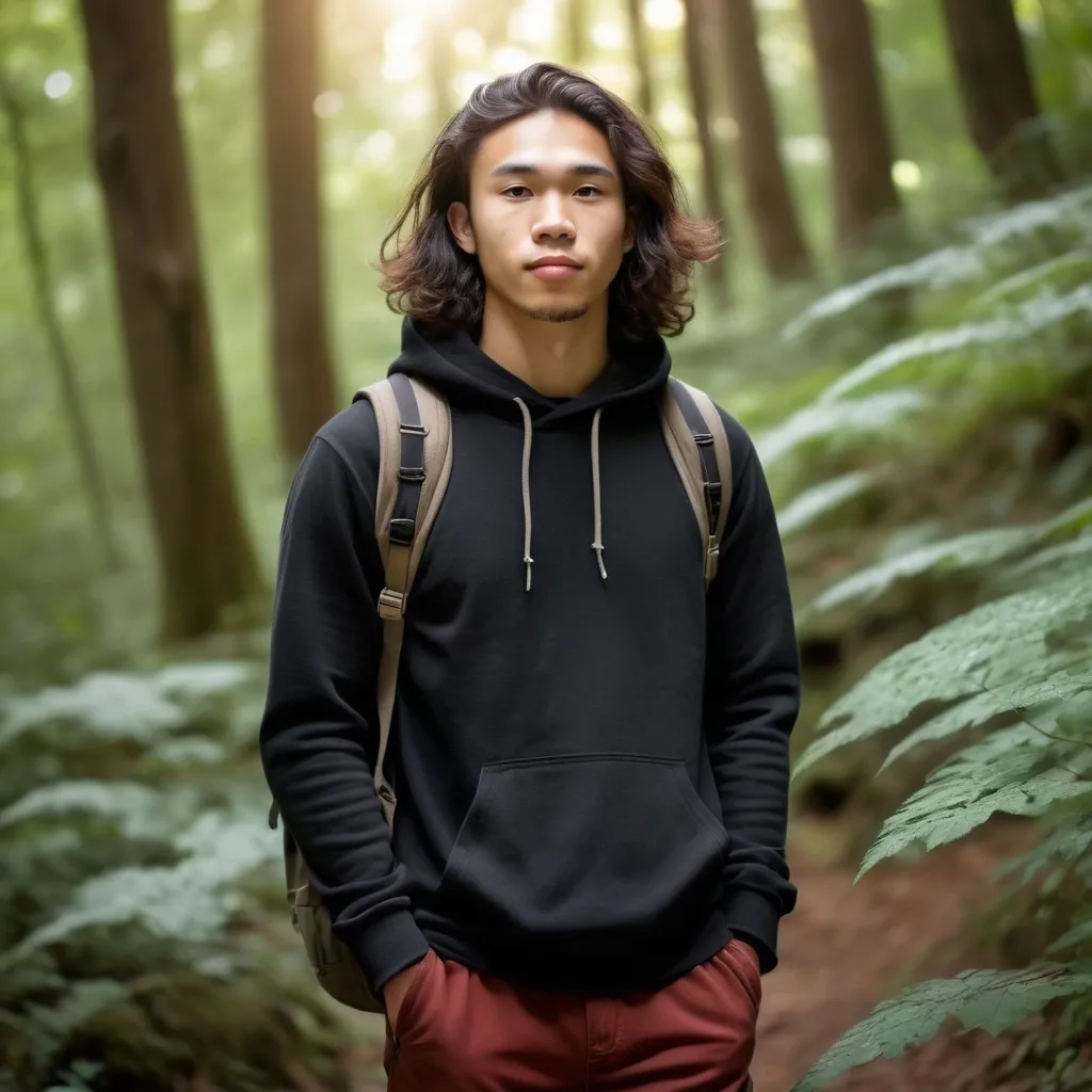 Prompt: (full body portrait of a man), (23-year-old mixed race Asian/White), wearing a black hoodie, brick red slacks, brown hiking boots, long wavy hair, wearing backpack, surrounded by a lush green forest, dappled sunlight filtering through the leaves, warm earthy color tones, serene ambiance, lost in thought, ultra-detailed, high-quality resolution.