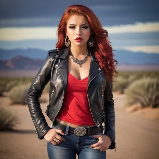 Prompt: Prompt: (glamorous young woman), 23 years old, (red-haired Latina), stylish black leather jacket, chic black boots, striking red low-cut shirt, fashionable long jeans, adorned with heavy jewelry, bold makeup look, confident pose, desert background, high-quality portrait, (dramatic lighting), captivating ambiance.