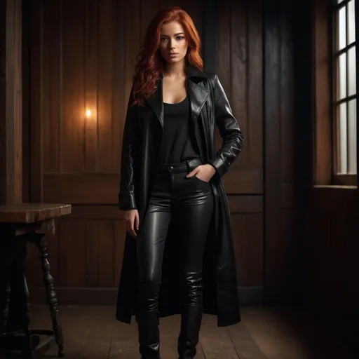 Prompt: (fullbody portrait of a 23-year-old with red hair), (latina), dressed in a sleek black longcoat over a black scoop neck leather shirt, black leather pants, and boots, set in a dimly lit wooden room, rich textures, warm ambiance, subtle shadows playing upon the surfaces, high detail and impeccable clarity, dramatic lighting casting an intriguing atmosphere, ultra-detailed.