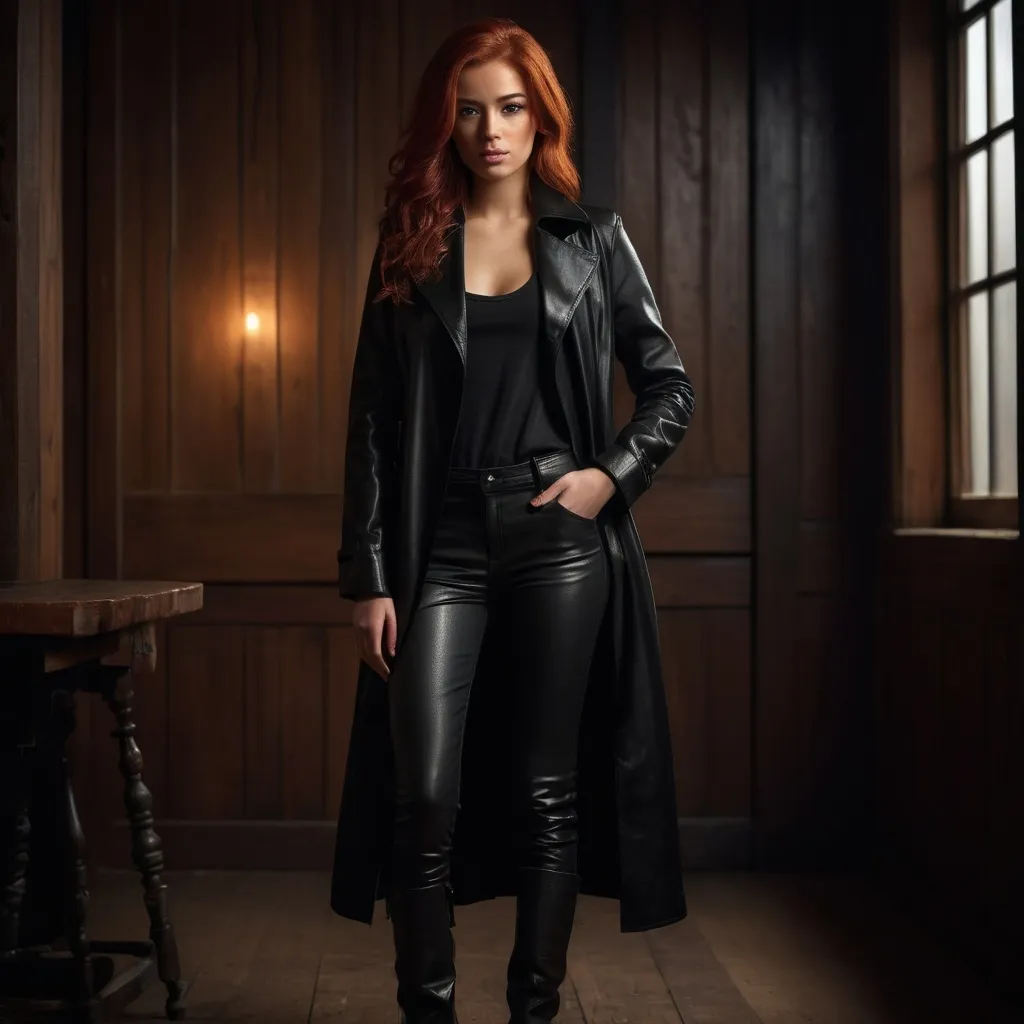 Prompt: (fullbody portrait of a 23-year-old with red hair), (latina), dressed in a sleek black longcoat over a black scoop neck leather shirt, black leather pants, and boots, set in a dimly lit wooden room, rich textures, warm ambiance, subtle shadows playing upon the surfaces, high detail and impeccable clarity, dramatic lighting casting an intriguing atmosphere, ultra-detailed.