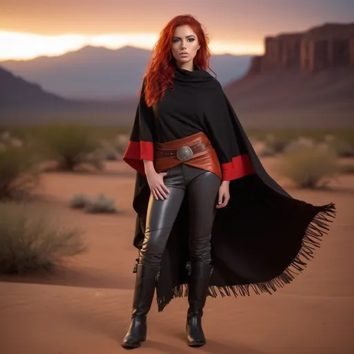 Prompt: (23-year-old red-haired Latina cowgirl), standing confidently in black and red poncho, gray pants, and jedi robes, full body shot, vibrant desert background at sunset, warm golden and crimson tones illuminating the scene, dramatic shadows, ultra-detailed, capturing an adventurous and daring spirit, dynamic pose, rugged leather boots, striking facial features, showcasing both strength and beauty.