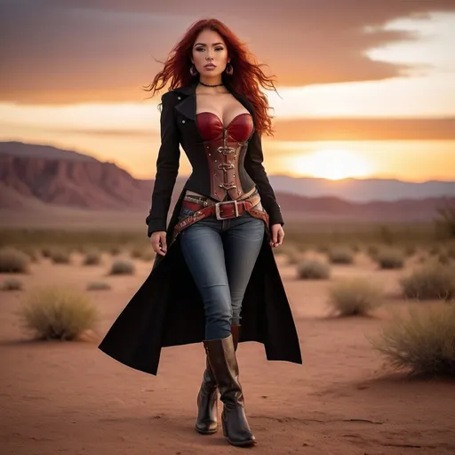 Prompt: (23-year-old red-haired Latina cowgirl), standing confidently in a dark red corset and elegant black longcoat, full body shot, vibrant desert background at sunset, warm golden and crimson tones illuminating the scene, dramatic shadows, ultra-detailed, capturing an adventurous and daring spirit, dynamic pose, rugged leather boots, striking facial features, showcasing both strength and beauty.