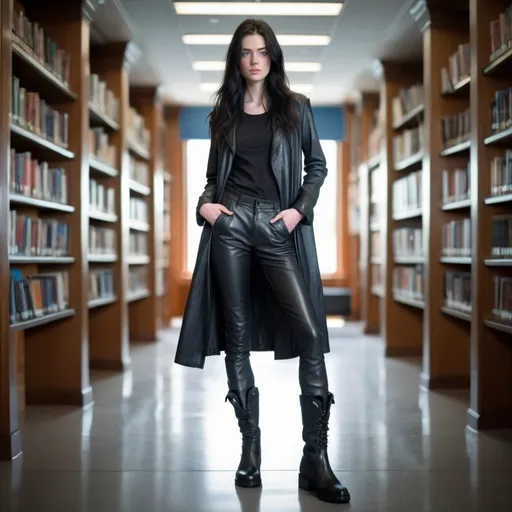 Prompt: 23 year old woman with slender face, pallid skin, long windblown black hair, icy blue eyes and freckles wearing black leather longcoat t-shirt and pants, tall black leather boots, library interior background fullbody head to toe.