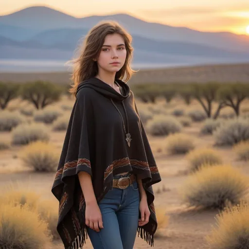 Prompt: Full body image of an 18 year old petite Wild West girl without hat, (soft features), (wispy shoulder-length brown hair), wearing a (black poncho) and (blue jeans), set against a sunset-drenched desert landscape with sagebrush and distant mountains, a warm golden hue in the sky, (dramatic silhouettes), (vibrant colors), (4K), capturing a serene yet adventurous spirit that embodies the essence of the Wild West.