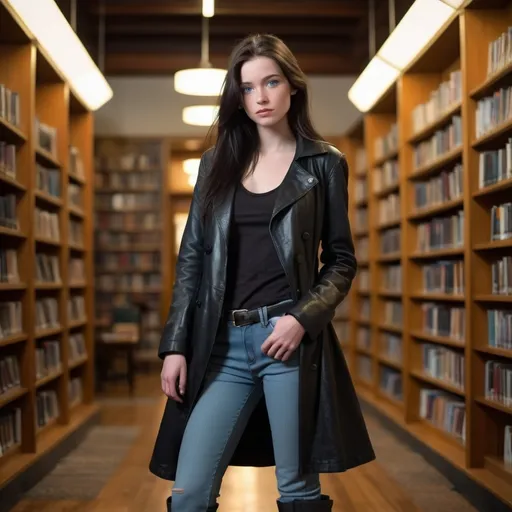 Prompt: 23 year old woman with slender face, pallid skin, long windblown black hair, icy blue eyes and freckles wearing black leather longcoat t-shirt and baggy jeans, tall black leather boots, library interior background fullbody head to toe.