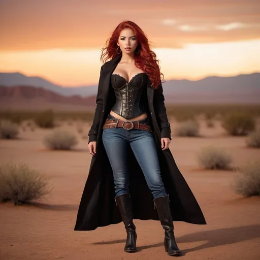 Prompt: (23-year-old red-haired Latina cowgirl), standing confidently in a dark red corset and elegant black longcoat, full body shot, vibrant desert background at sunset, warm golden and crimson tones illuminating the scene, dramatic shadows, ultra-detailed, capturing an adventurous and daring spirit, dynamic pose, rugged leather boots, striking facial features, showcasing both strength and beauty.