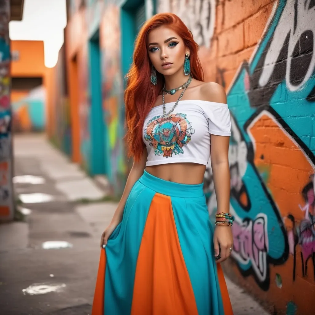 Prompt: 19 year old red haired latina with blue eyes, heavy makeup and jewelry, orange off shoulder t shirt, and long turquoise skirt, fullbody