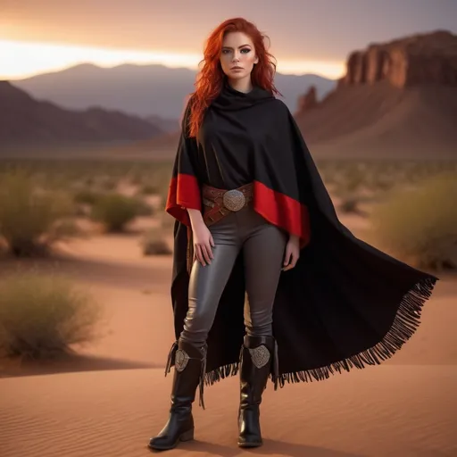 Prompt: (23-year-old red-haired Latina cowgirl), standing confidently in black and red poncho, gray pants, and jedi robes, full body shot, vibrant desert background at sunset, warm golden and crimson tones illuminating the scene, dramatic shadows, ultra-detailed, capturing an adventurous and daring spirit, dynamic pose, rugged leather boots, striking facial features, showcasing both strength and beauty.