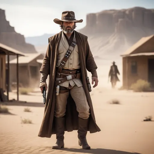 Prompt: (wild west bearded arthur morgan in jedi robes, (far full body view), rugged cowboy attire, hat, pants, boots, gun in hand, detailed facial features, with a wise and fierce expression, contrasting light and shadow, dusty backdrop of a lonely desert town, vibrant warm tones, cinematic atmosphere, high-quality 4K, intricate details capturing both the nobility of a Jedi and the grit of an outlaw.