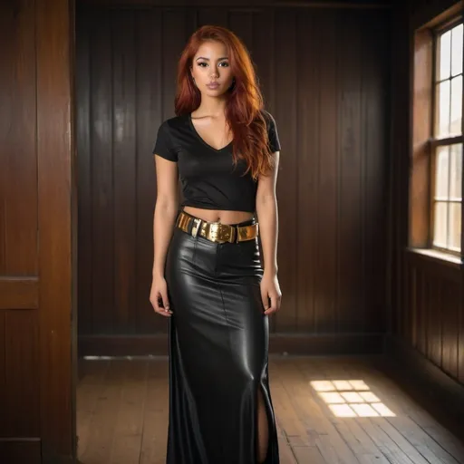 Prompt: 23 year old red haired Latina wearing black silk v neck t shirt, gold belt, long black fabric skirt , black leather pants under skirt , leather boots, full body, dimly lit wooden room