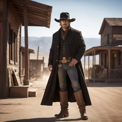 Prompt: Rugged wild west outlaw sheriff gunslinger, (black longcoat), (stylish boots), (wide-brimmed hat), intense expression, leaning against a wooden saloon, dusty streets, sharp contrasts, warm sunlight creating dramatic shadows, (cinematic details), vibrant earth tones, (ultra-detailed), capturing the essence of frontier justice, rugged individuality, evocative atmosphere of the lawless frontier.