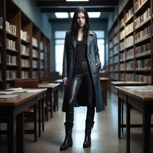 Prompt: 23 year old woman with slender face, pallid skin, long windblown black hair, icy blue eyes and freckles wearing black leather longcoat t-shirt and pants, tall black leather boots, library interior background fullbody head to toe.