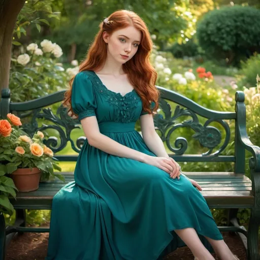 Prompt: Teal short sleeve ankle length regency Style dress on a (21-year-old woman), (pale skin), (long auburn hair), sitting gracefully on a bench, surrounded by a lush garden, detailed flowers and greenery, vibrant colors, warm sunlight filtering through leaves, serene atmosphere, full body view, ultra-detailed, naturally elegant pose, whimsical and enchanting setting.