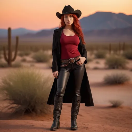 Prompt: (23-year-old red-haired Latina cowgirl), standing confidently in a dark red low cut  t shirt, black hat,  and elegant black longcoat, full body shot, vibrant desert background at sunset, warm golden and crimson tones illuminating the scene, dramatic shadows, ultra-detailed, capturing an adventurous and daring spirit, dynamic pose, rugged leather boots, striking facial features, showcasing both strength and beauty.