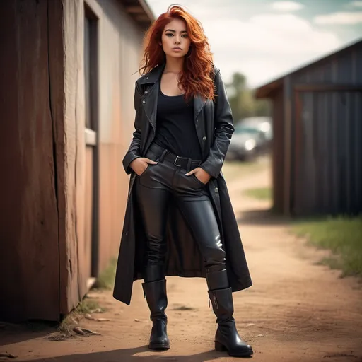 Prompt: (young woman), 23 years old red haired latina, wearing black boots, a fitted t shirt, and a stylish leather longcoat, fashion-forward pose, cool tone color palette, rustic environment, moody atmosphere, hints of sunlight filtering through, detailed textures on clothing, high quality, ultra-detailed, compelling character study