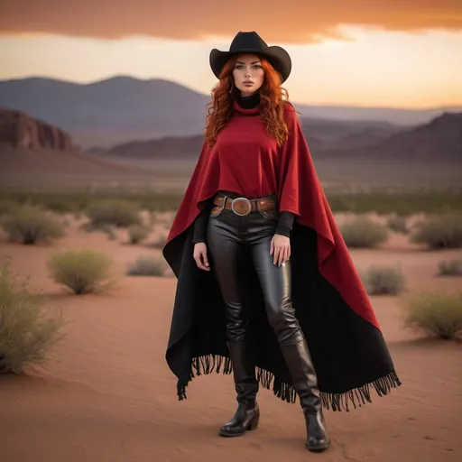 Prompt: mpt:
(23-year-old red-haired Latina cowgirl), standing confidently in long black and red poncho, black hat, gray pants, belt, full body shot, vibrant desert background at sunset, warm golden and crimson tones illuminating the scene, dramatic shadows, ultra-detailed, capturing an adventurous and daring spirit, dynamic pose, rugged leather boots, striking facial features, showcasing both strength and beauty.