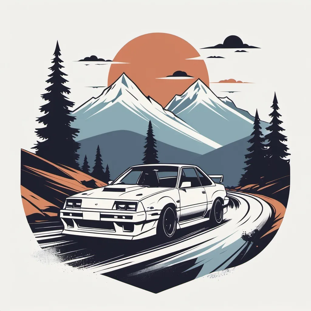 Prompt: Illustrated T-shirt design of volbo 940 drifting in mountains road, vector, solid white background, simple color palette