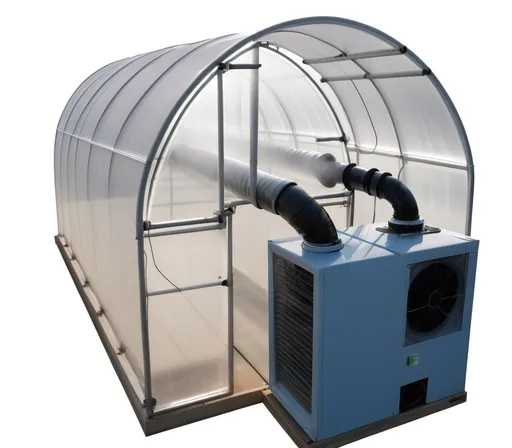 Prompt: This is a photo of an agricultural greenhouse equipped with a spot cooler. Please style this image like a manga panel to emphasize the coolness.