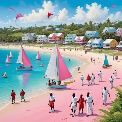 Prompt: Bustling Bermuda Day scene with vibrant colors, black people enjoying festivities, pink sand beaches, traditional Gombeys in pink, green, and blue, cricket players in pink and blue uniforms, sailboats on the crystal-clear waters, people flying triangle kites in traditional colors, high quality, detailed, vibrant, lively atmosphere, beach setting, traditional culture, colorful Gombeys, cricket players, sailboats, triangle kites, traditional colors, sunny weather, festive mood