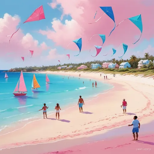 Prompt: People flying kites on Bermuda beach, pink sand, sailboats, vibrant pink and blue colors, high quality, digital painting, scenic landscape, tropical paradise, crystal clear waters, playful atmosphere, colorful kites flying, relaxing vibe, coastal scene, warm sunlight, happy beachgoers, picturesque setting, idyllic vacation, vibrant colors, pastel tones