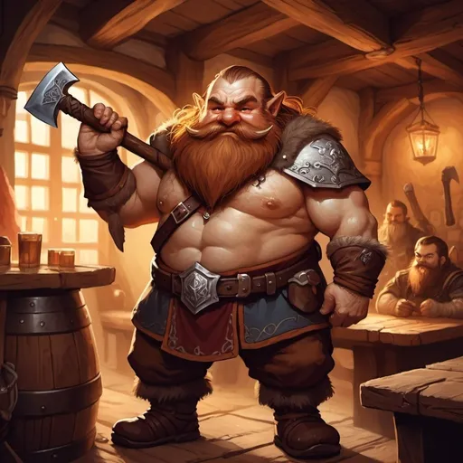 Prompt: dwarf character holding an axe in a tavern , fantasy character art, illustration, dnd, warm tone
