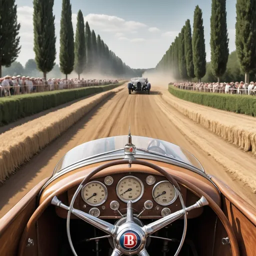 Prompt: "A detailed and dynamic illustration from the driver's perspective inside a classic Bugatti car from 1930, in the middle of a high-speed race. All cars are racing in the same direction on the track. The view shows the iconic wooden steering wheel and chrome dashboard instruments, with clear readings of speed, oil temperature, and fuel level—none of the gauges should be at zero. The speedometer needle points to high speed, and the outside landscape blurs by. Ahead, two other vintage cars from the same era race in the same direction on a curvy road, kicking up dust and dirt from their tires. Each car has only one driver. The background features green trees and a forested area, with spectators and photographers from the 1930s era standing along the sides, protected by straw bales. The scene captures the intense energy and excitement of the race, in a style reminiscent of classic racing posters.