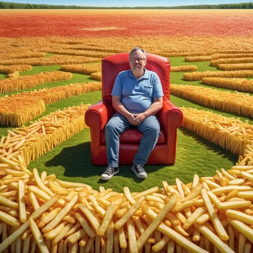 Prompt: Man sitting in a field made of French fries, grass made of french fries, ketchup pond, Herbert Block style cartoon, hyper-realistic, comedic, colorful, large scale, vibrant, detailed, humorous, surreal, vivid colors, hyperrealism, cartoonish, outdoor setting, potato field, tomato ketchup pond, burger tables, humorous character, pop-art, sunny day lighting