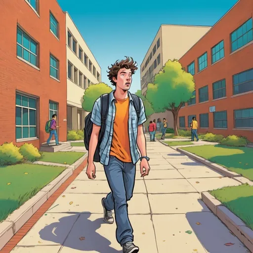 Prompt: Male college student walking through campus, disheveled, oblivious to dangerous surroundings, colorful Herbert Block style cartoon, comedic, iphone distraction, chaotic campus environment, exaggerated obstacles, vibrant and lively, cartoonish characters, humorous, high quality