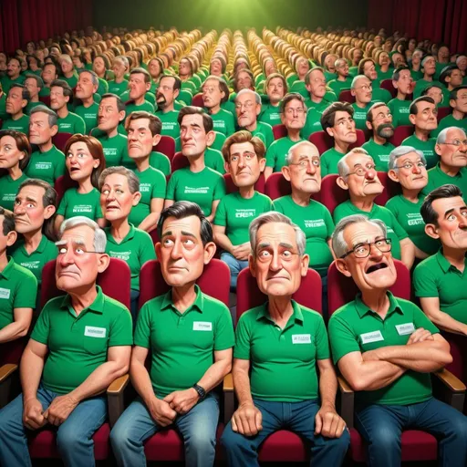 Prompt: Auditorium full of people in green shirts, sleeping audience, snoring members, Herbert Block cartoon style, hyper-realistic, comedic, colorful, stage view, humorous, exaggerated features, detailed background, highres, hyper-realism, cartoon, comedic style, vibrant colors, auditorium setting, exaggerated expressions, audience interaction, humorous atmosphere