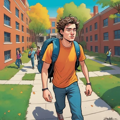 Prompt: Male college student walking through campus, disheveled, oblivious to dangerous surroundings, colorful Herbert Block style cartoon, comedic, iphone distraction, chaotic campus environment, exaggerated obstacles, vibrant and lively, cartoonish characters, humorous, high quality