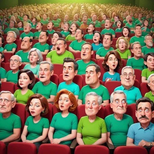 Prompt: Auditorium full of people in green shirts, sleeping audience, snoring members, Herbert Block cartoon style, hyper-realistic, comedic, colorful, stage view, humorous, exaggerated features, detailed background, highres, hyper-realism, cartoon, comedic style, vibrant colors, auditorium setting, exaggerated expressions, audience interaction, humorous atmosphere