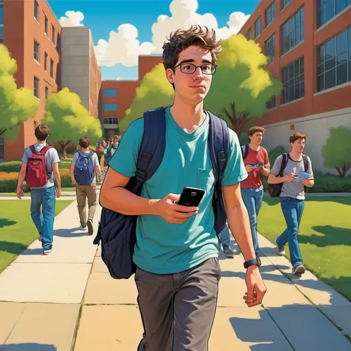 Prompt: Male college student walking through campus, disheveled, oblivious to dangerous surroundings, colorful Herbert Block style cartoon, comedic, iphone distraction, chaotic campus environment, exaggerated obstacles, vibrant and lively, cartoonish characters, humorous, high quality