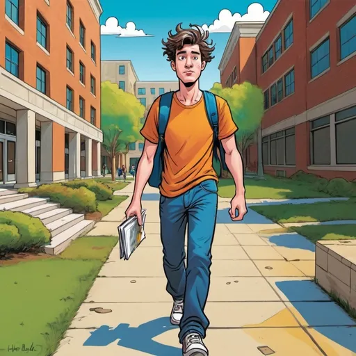 Prompt: Male college student walking through campus, disheveled, oblivious to dangerous surroundings, colorful Herbert Block style cartoon, comedic, iphone distraction, chaotic campus environment, exaggerated obstacles, vibrant and lively, cartoonish characters, humorous, high quality