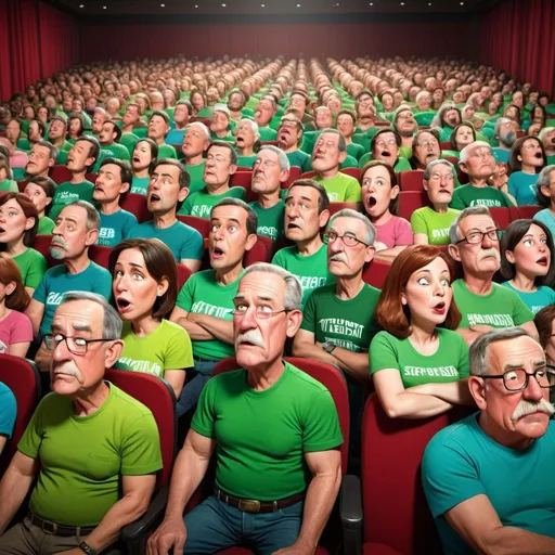 Prompt: Auditorium full of people in green shirts, sleeping audience, snoring members, Herbert Block cartoon style, hyper-realistic, comedic, colorful, stage view, humorous, exaggerated features, detailed background, highres, hyper-realism, cartoon, comedic style, vibrant colors, auditorium setting, exaggerated expressions, audience interaction, humorous atmosphere