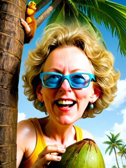 Prompt: Hyper-realistic, colorful cartoon of a femalemonkey climbing a coconut tree, throwing coconuts, with a Herbert Block style, humorous human face, tropical setting, vibrant colors, detailed fur, exaggerated facial expressions, high quality, humorous, colorful, hyper-realistic, cartoon, tropical, exaggerated facial expressions, detailed fur, vibrant colors, coconut tree, throwing coconuts, Herbert Block style