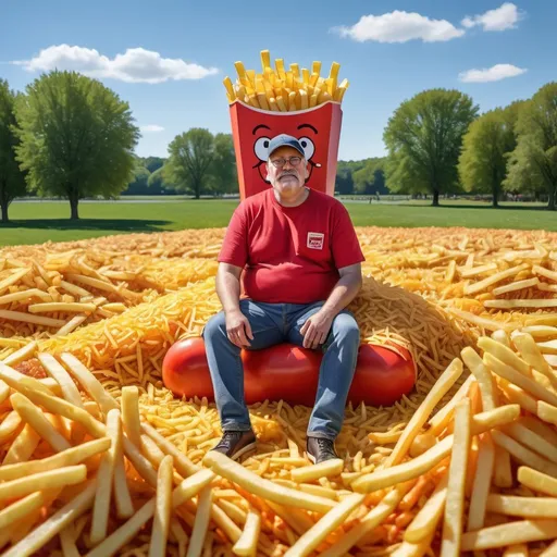 Prompt: Man sitting in a field made of French fries, grass made of french fries, ketchup pond, Herbert Block style cartoon, hyper-realistic, comedic, colorful, large scale, vibrant, detailed, humorous, surreal, vivid colors, hyperrealism, cartoonish, outdoor setting, potato field, tomato ketchup pond, burger tables, humorous character, pop-art, sunny day lighting