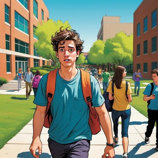 Prompt: Male college student walking through campus, disheveled, oblivious to dangerous surroundings, colorful Herbert Block style cartoon, comedic, iphone distraction, chaotic campus environment, exaggerated obstacles, vibrant and lively, cartoonish characters, humorous, high quality