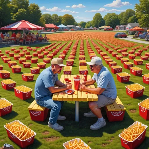 Prompt: Man sitting in a field of French fries, ketchup pond, hamburger picnic tables, Herbert Block style cartoon, hyper-realistic, comedic, colorful, large scale, vibrant, detailed, humorous, surreal, vivid colors, hyperrealism, cartoonish, outdoor setting, potato field, tomato ketchup pond, burger tables, humorous character, pop-art, sunny day lighting