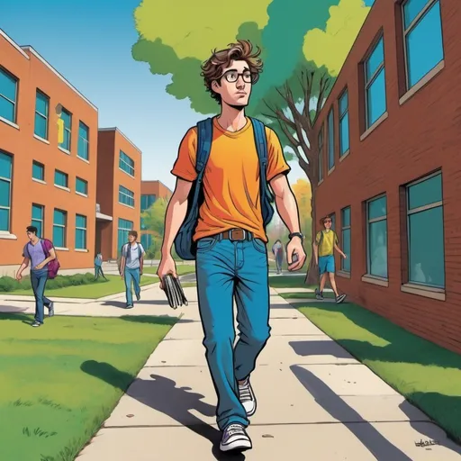 Prompt: Male college student walking through campus, disheveled, oblivious to dangerous surroundings, colorful Herbert Block style cartoon, comedic, iphone distraction, chaotic campus environment, exaggerated obstacles, vibrant and lively, cartoonish characters, humorous, high quality