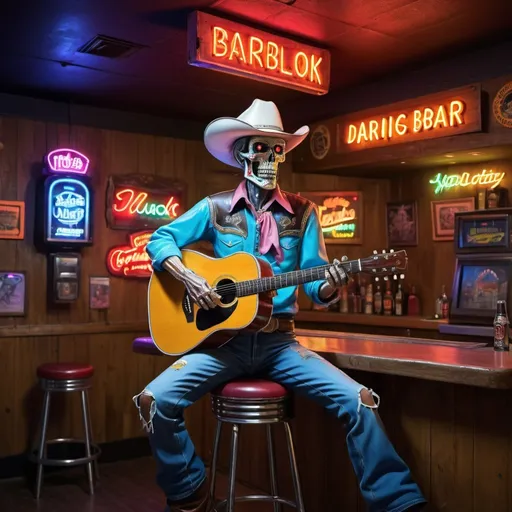 Prompt: Dead cowboy on barstool, neon sign, jukebox, beer bottles, country dancing, dance floor, hyper-realistic, vibrant lighting, colorful, comedic, detailed facial features, country bar setting, Herbert Block style
