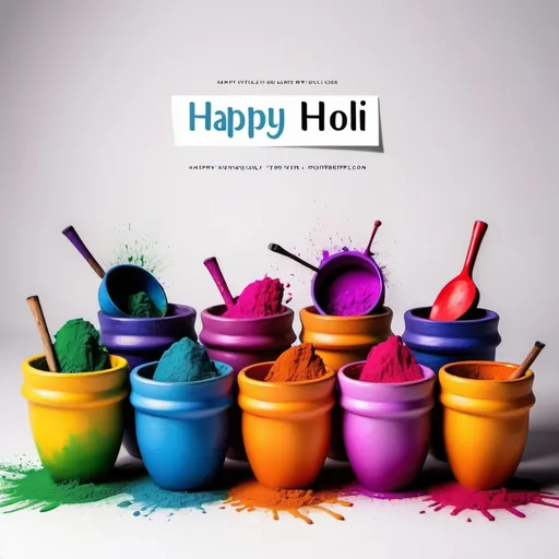 Prompt: Pic with white background and many different colours in pots on it with text Happy Holi in stylish fonts