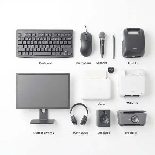Prompt: "Create a high-resolution, photorealistic educational image showing a collection of common computer input and output devices, neatly arranged on a clean white or light gray background. Clearly display the following labeled input devices: keyboard, mouse, scanner, microphone, webcam, and stylus. Also include the following labeled output devices: monitor, printer, headphones, speakers, and projector. Use realistic textures, soft shadows, and proper spacing. Each device should be accurately modeled and proportioned. Include clean, professional typography to label each item. The style should be modern, technical, and suitable for classroom or e-learning material. Resolution: 4K or higher, landscape layout preferred."