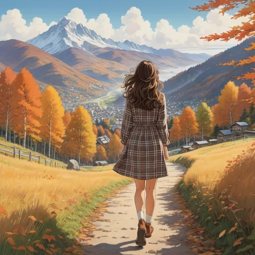 Prompt: Third person, high quality, woman in a plaid dress walking away from the camera, mid-length wavy brown hair, brown eyes, wearing glasses, autumn vibes with mountain scenery, cool atmosphere, Studio Ghibli, Extremely detailed print by Hayao Miyazaki