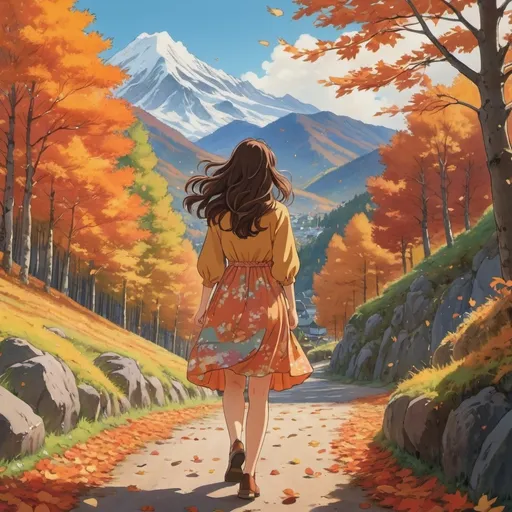 Prompt: Third person, high quality, woman in a colorful dress walking away from the camera, mid-length wavy brown hair, brown eyes, wearing glasses, autumn vibes with mountain scenery, falling leaves, cool atmosphere, Studio Ghibli, Extremely detailed print by Hayao Miyazaki