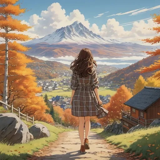 Prompt: Third person, high quality, woman in a plaid dress walking away from the camera, mid-length wavy brown hair, brown eyes, wearing glasses, autumn vibes with mountain scenery, cool atmosphere, Studio Ghibli, Extremely detailed print by Hayao Miyazaki