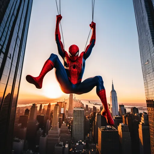 Prompt: Spider-Man swinging between skyscrapers with a sunset backdrop in New York City.