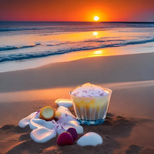 Prompt: Ein Eis ist in einer Hand es wird von der Perspektive der Person gezeigt. Es sind die Geschmäcker Schoko, Vanille und Erdbeere. Der Hintergrund ist der Strand mit Sonnenuntergang.